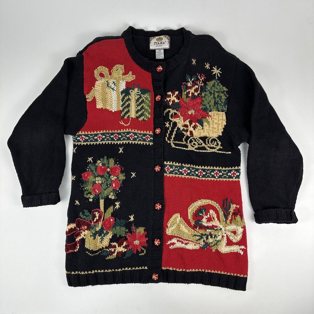 Tiara International Vintage Women's Christmas Holiday Cardigan Sweater Sz 14/16